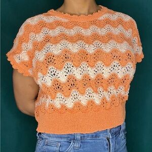 Orange and White Knit Mix Wavy Top